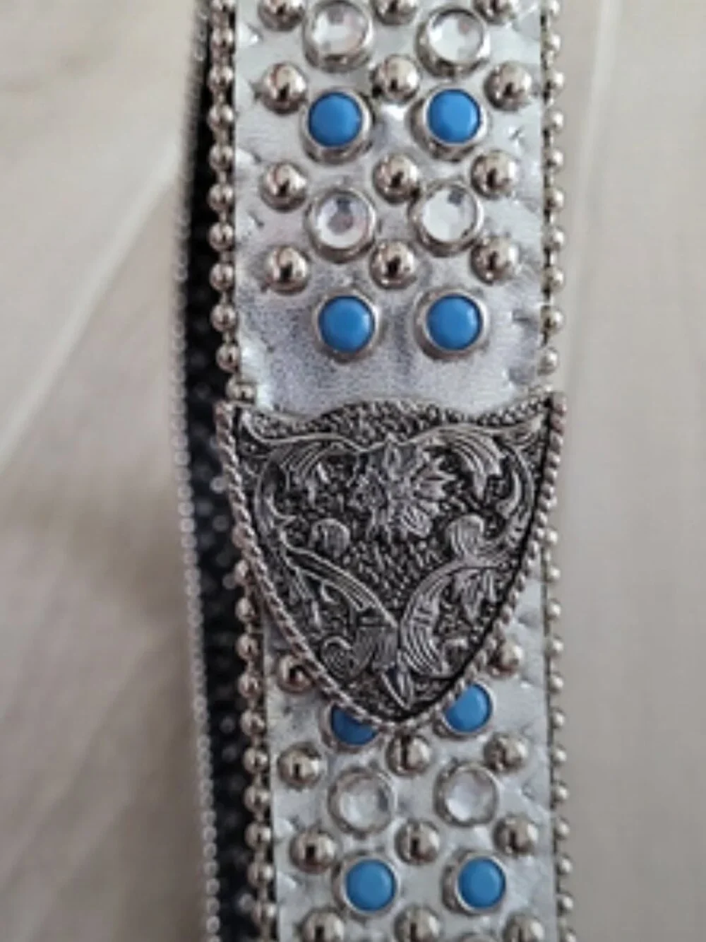 Vintage Silver Metallic Western Style Belt w/ Clear & Blue Rhinestone Studs